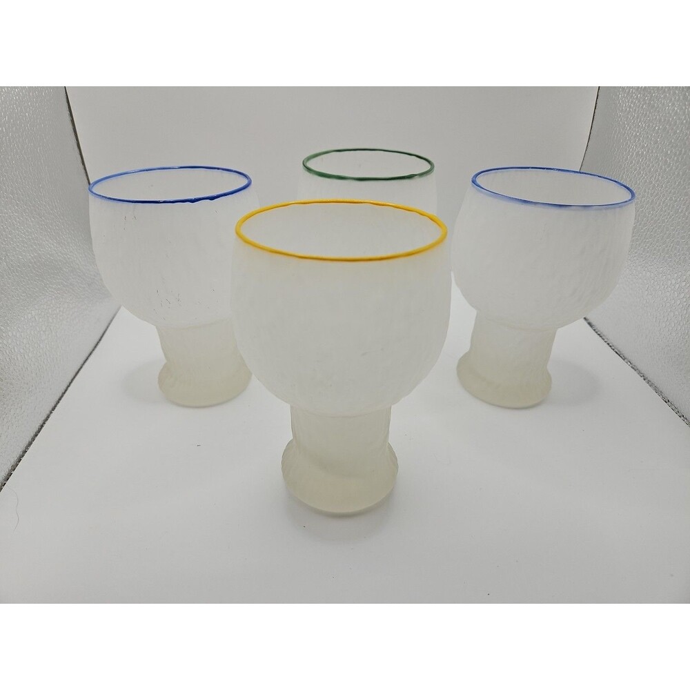 4 Vtg Iittala Finland Kekkerit Water Goblets Frosted Blue Yellow Green Rims 5.5"